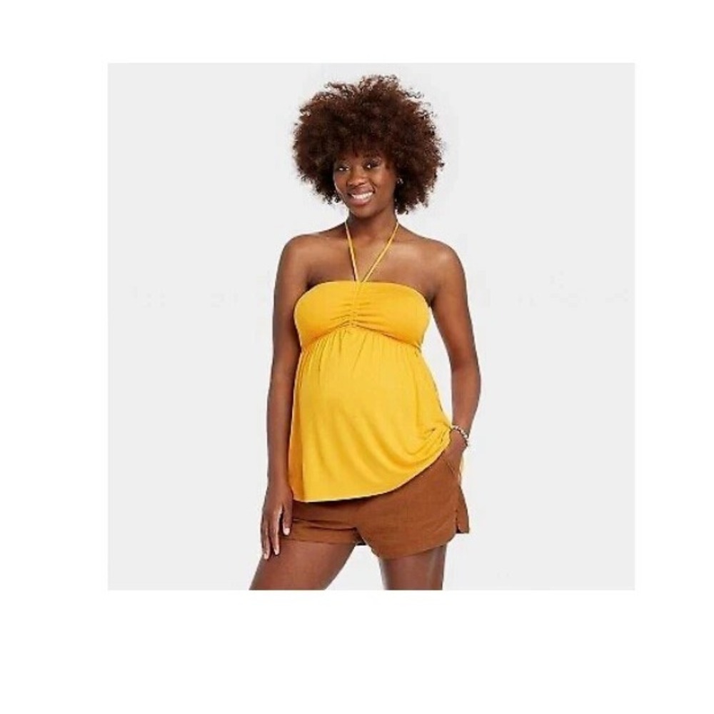 Isabel by Ingrid & Isabel Maternity Halter Babydoll Top Orange Yellow Medium NWT